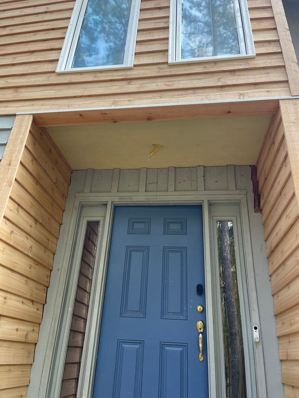 Front entrance of a modern home featuring blue door and natural wood siding.